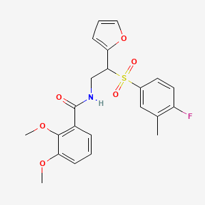 molecular formula C22H22FNO6S B2779474 N-[2-[(4-氟-3-甲基苯基)磺酰]-2-(2-呋喃基)乙基]-2,3-二甲氧基苯甲酰胺 CAS No. 946265-18-5
