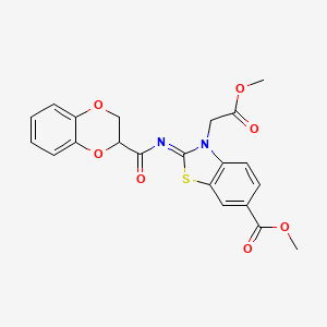 molecular formula C21H18N2O7S B2779476 Methyl 2-(2,3-dihydro-1,4-benzodioxine-3-carbonylimino)-3-(2-methoxy-2-oxoethyl)-1,3-benzothiazole-6-carboxylate CAS No. 865197-55-3