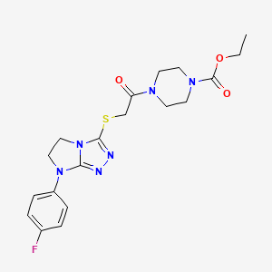 molecular formula C19H23FN6O3S B2779503 ethyl 4-(2-((7-(4-fluorophenyl)-6,7-dihydro-5H-imidazo[2,1-c][1,2,4]triazol-3-yl)thio)acetyl)piperazine-1-carboxylate CAS No. 921514-79-6