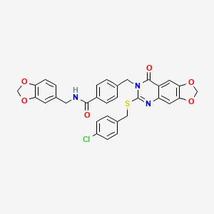 molecular formula C32H24ClN3O6S B2779551 N-(1,3-benzodioxol-5-ylmethyl)-4-{[6-[(4-chlorobenzyl)thio]-8-oxo[1,3]dioxolo[4,5-g]quinazolin-7(8H)-yl]methyl}benzamide CAS No. 688061-83-8