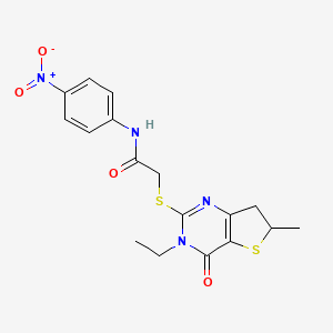 molecular formula C17H18N4O4S2 B2779566 2-((3-ethyl-6-methyl-4-oxo-3,4,6,7-tetrahydrothieno[3,2-d]pyrimidin-2-yl)thio)-N-(4-nitrophenyl)acetamide CAS No. 851409-60-4
