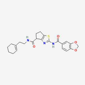 molecular formula C23H25N3O4S B2779586 2-(benzo[d][1,3]dioxole-5-carboxamido)-N-(2-(cyclohex-1-en-1-yl)ethyl)-5,6-dihydro-4H-cyclopenta[d]thiazole-4-carboxamide CAS No. 955759-02-1