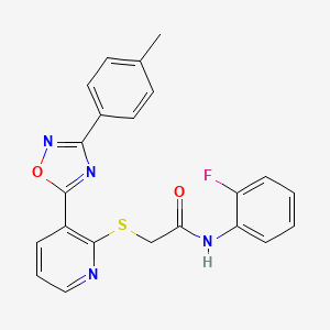 molecular formula C22H17FN4O2S B2779587 N-(2-fluorophenyl)-2-((3-(3-(p-tolyl)-1,2,4-oxadiazol-5-yl)pyridin-2-yl)thio)acetamide CAS No. 1251602-87-5