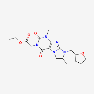 molecular formula C18H23N5O5 B2779640 乙酸-2-[1,7-二甲基-2,4-二氧-8-(氧杂环戊-2-基甲基)-1,3,5-三氢-4-咪唑并[1,2-h]嘌呤-3-基]乙酯 CAS No. 896309-89-0