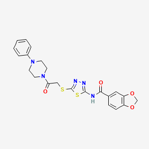 molecular formula C22H21N5O4S2 B2779683 N-[5-(2-氧代-2-(4-苯基哌嗪-1-基)乙基)硫代-1,3,4-噻二唑-2-基]-1,3-苯并二氧杂环-5-羧酰胺 CAS No. 476466-30-5