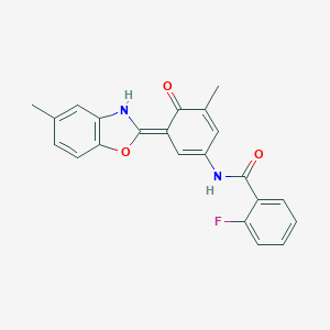 molecular formula C22H17FN2O3 B277983 2-fluoro-N-[(3E)-5-methyl-3-(5-methyl-3H-1,3-benzoxazol-2-ylidene)-4-oxocyclohexa-1,5-dien-1-yl]benzamide 
