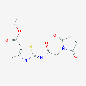 molecular formula C14H17N3O5S B2779843 乙酸乙酯2-[2-(2,5-二氧代吡咯烷-1-基)乙酰基]亚氨基-3,4-二甲基-1,3-噻唑-5-甲酸酯 CAS No. 393839-00-4