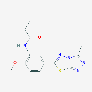 molecular formula C14H15N5O2S B277986 N-[2-methoxy-5-(3-methyl[1,2,4]triazolo[3,4-b][1,3,4]thiadiazol-6-yl)phenyl]propanamide 