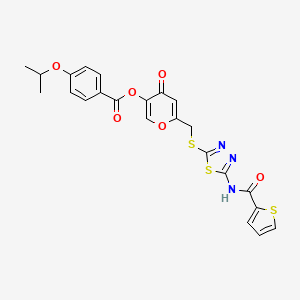 molecular formula C23H19N3O6S3 B2779897 4-氧代-6-(((5-(噻吩-2-羧酰胺)-1,3,4-噻二唑-2-基)硫)甲基)-4H-吡喃-3-基 4-异丙氧基苯甲酸酯 CAS No. 877642-67-6