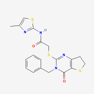 molecular formula C19H18N4O2S3 B2779900 2-((3-benzyl-4-oxo-3,4,6,7-tetrahydrothieno[3,2-d]pyrimidin-2-yl)thio)-N-(4-methylthiazol-2-yl)acetamide CAS No. 877618-81-0