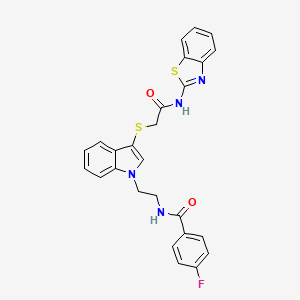 molecular formula C26H21FN4O2S2 B2779935 N-(2-(3-((2-(benzo[d]thiazol-2-ylamino)-2-oxoethyl)thio)-1H-indol-1-yl)ethyl)-4-fluorobenzamide CAS No. 532972-18-2