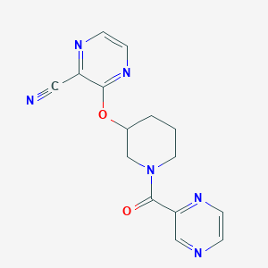 molecular formula C15H14N6O2 B2779965 3-((1-(Pyrazine-2-carbonyl)piperidin-3-yl)oxy)pyrazine-2-carbonitrile CAS No. 2034478-70-9