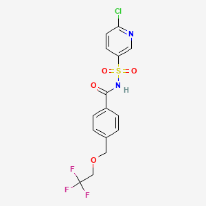 molecular formula C15H12ClF3N2O4S B2779977 N-[(6-chloropyridin-3-yl)sulfonyl]-4-[(2,2,2-trifluoroethoxy)methyl]benzamide CAS No. 1259170-52-9