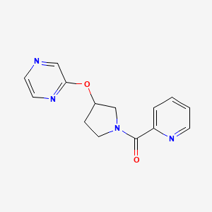 molecular formula C14H14N4O2 B2779984 (3-(Pyrazin-2-yloxy)pyrrolidin-1-yl)(pyridin-2-yl)methanone CAS No. 2034475-64-2