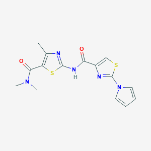 molecular formula C15H15N5O2S2 B2779987 N-(5-(二甲基氨基甲酰)-4-甲基噻唑-2-基)-2-(1H-吡咯-1-基)噻嗪-4-甲酰胺 CAS No. 1207054-43-0