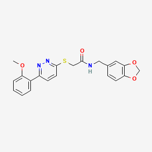 molecular formula C21H19N3O4S B2779989 N-(1,3-苯并二噁唑-5-基甲基)-2-(6-(2-甲氧基苯基)吡嗪-3-基)磺酰基乙酰胺 CAS No. 893979-86-7