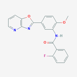molecular formula C20H14FN3O3 B278003 2-fluoro-N-(2-methoxy-5-[1,3]oxazolo[4,5-b]pyridin-2-ylphenyl)benzamide 