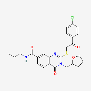 molecular formula C25H26ClN3O4S B2780043 2-((2-(4-氯苯基)-2-氧代乙基)硫)-4-氧代-N-丙基-3-((四氢呋喃-2-基)甲基)-3,4-二氢喹唑-7-羧酰胺 CAS No. 1021225-11-5