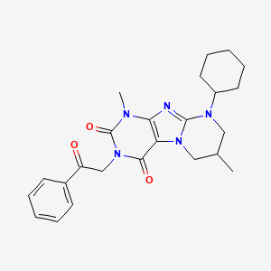 molecular formula C24H29N5O3 B2780055 9-cyclohexyl-1,7-dimethyl-3-(2-oxo-2-phenylethyl)-6,7,8,9-tetrahydropyrimido[2,1-f]purine-2,4(1H,3H)-dione CAS No. 923438-77-1