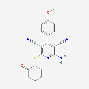 molecular formula C20H18N4O2S B2780062 2-Amino-4-(4-methoxyphenyl)-6-((2-oxocyclohexyl)thio)pyridine-3,5-dicarbonitrile CAS No. 328029-77-2