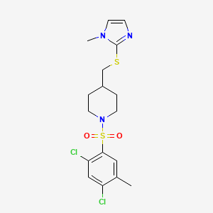 molecular formula C17H21Cl2N3O2S2 B2780101 1-((2,4-dichloro-5-methylphenyl)sulfonyl)-4-(((1-methyl-1H-imidazol-2-yl)thio)methyl)piperidine CAS No. 1428371-65-6