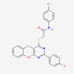 molecular formula C25H17ClFN3O2S B2780230 N-(4-Chlorophenyl)-2-{[2-(4-fluorophenyl)-5H-chromeno[2,3-D]pyrimidin-4-YL]sulfanyl}acetamide CAS No. 866811-27-0