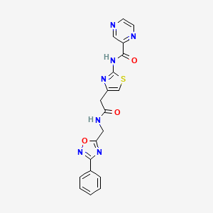molecular formula C19H15N7O3S B2780232 N-(4-(2-oxo-2-(((3-phenyl-1,2,4-oxadiazol-5-yl)methyl)amino)ethyl)thiazol-2-yl)pyrazine-2-carboxamide CAS No. 1207046-15-8