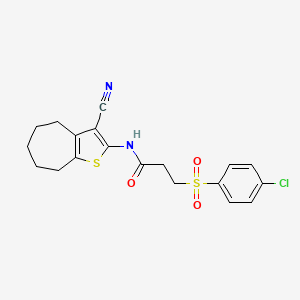 molecular formula C19H19ClN2O3S2 B2780238 3-((4-chlorophenyl)sulfonyl)-N-(3-cyano-5,6,7,8-tetrahydro-4H-cyclohepta[b]thiophen-2-yl)propanamide CAS No. 895460-00-1