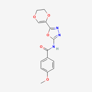 molecular formula C14H13N3O5 B2780314 N-(5-(5,6-二氢-1,4-二氧杂环戊二烯-2-基)-1,3,4-噁二唑-2-基)-4-甲氧基苯甲酰胺 CAS No. 851094-78-5