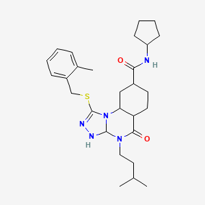 molecular formula C28H33N5O2S B2780417 N-cyclopentyl-4-(3-methylbutyl)-1-{[(2-methylphenyl)methyl]sulfanyl}-5-oxo-4H,5H-[1,2,4]triazolo[4,3-a]quinazoline-8-carboxamide CAS No. 2034377-75-6