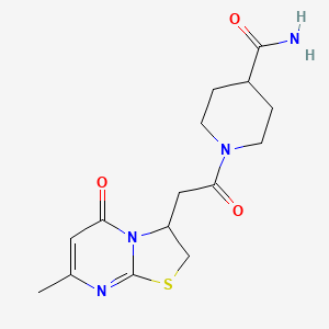 molecular formula C15H20N4O3S B2780432 1-(2-(7-methyl-5-oxo-3,5-dihydro-2H-thiazolo[3,2-a]pyrimidin-3-yl)acetyl)piperidine-4-carboxamide CAS No. 946264-27-3