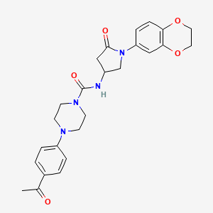 molecular formula C25H28N4O5 B2780453 4-(4-acetylphenyl)-N-(1-(2,3-dihydrobenzo[b][1,4]dioxin-6-yl)-5-oxopyrrolidin-3-yl)piperazine-1-carboxamide CAS No. 891115-02-9