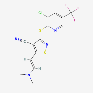 molecular formula C14H10ClF3N4S2 B2780461 3-((3-Chloro-5-(trifluoromethyl)-2-pyridinyl)sulfanyl)-5-(2-(dimethylamino)vinyl)-4-isothiazolecarbonitrile CAS No. 338412-94-5