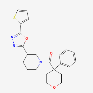 molecular formula C23H25N3O3S B2780545 (4-phenyltetrahydro-2H-pyran-4-yl)(3-(5-(thiophen-2-yl)-1,3,4-oxadiazol-2-yl)piperidin-1-yl)methanone CAS No. 1226439-91-3