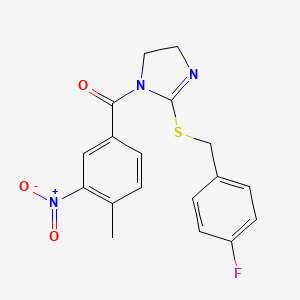 molecular formula C18H16FN3O3S B2780574 [2-[(4-Fluorophenyl)methylsulfanyl]-4,5-dihydroimidazol-1-yl]-(4-methyl-3-nitrophenyl)methanone CAS No. 851865-95-7