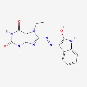 molecular formula C16H15N7O3 B2780578 (E)-7-乙基-3-甲基-8-(2-(2-氧代吲哚-3-基)肼基)-1H-嘧啶-2,6(3H,7H)-二酮 CAS No. 301353-88-8