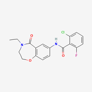molecular formula C18H16ClFN2O3 B2780589 2-chloro-N-(4-ethyl-5-oxo-2,3,4,5-tetrahydrobenzo[f][1,4]oxazepin-7-yl)-6-fluorobenzamide CAS No. 922128-42-5