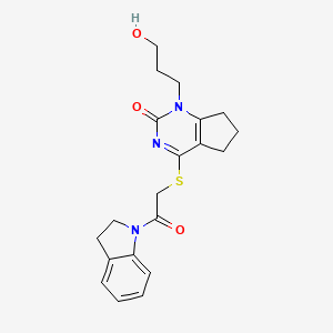 molecular formula C20H23N3O3S B2780612 1-(3-hydroxypropyl)-4-((2-(indolin-1-yl)-2-oxoethyl)thio)-6,7-dihydro-1H-cyclopenta[d]pyrimidin-2(5H)-one CAS No. 899973-85-4