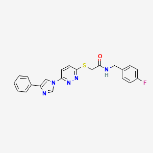 molecular formula C22H18FN5OS B2780617 N-(4-氟苯甲基)-2-((6-(4-苯基-1H-咪唑-1-基)吡啶并[3,1]嘧啶-3-基)硫)乙酰胺 CAS No. 1251553-15-7