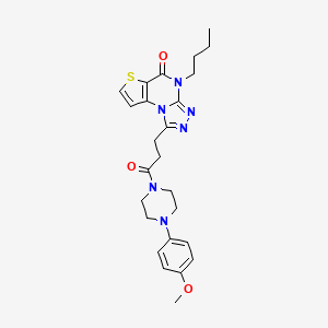 molecular formula C25H30N6O3S B2780637 4-butyl-1-(3-(4-(4-methoxyphenyl)piperazin-1-yl)-3-oxopropyl)thieno[2,3-e][1,2,4]triazolo[4,3-a]pyrimidin-5(4H)-one CAS No. 1189942-63-9