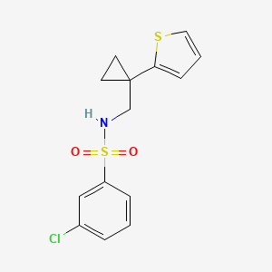 molecular formula C14H14ClNO2S2 B2780653 3-chloro-N-((1-(thiophen-2-yl)cyclopropyl)methyl)benzenesulfonamide CAS No. 1207042-25-8