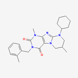 molecular formula C24H31N5O2 B2780735 9-cyclohexyl-1,7-dimethyl-3-(2-methylbenzyl)-6,7,8,9-tetrahydropyrimido[2,1-f]purine-2,4(1H,3H)-dione CAS No. 877616-43-8