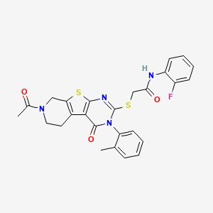 2-[[11-acetyl-4-(2-methylphenyl)-3-oxo-8-thia-4,6,11-triazatricyclo[7.4.0.02,7]trideca-1(9),2(7),5-trien-5-yl]sulfanyl]-N-(2-fluorophenyl)acetamide