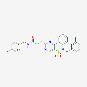 molecular formula C28H26N4O3S2 B2780829 N-(4-甲基苯甲基)-2-{[6-(3-甲基苯甲基)-5,5-二氧代-6H-嘧啶并[5,4-c][2,1]苯并噻嗪-2-基]硫基}乙酰胺 CAS No. 932449-18-8