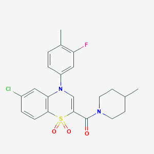 molecular formula C22H22ClFN2O3S B2780896 (6-chloro-4-(3-fluoro-4-methylphenyl)-1,1-dioxido-4H-benzo[b][1,4]thiazin-2-yl)(4-methylpiperidin-1-yl)methanone CAS No. 1251593-50-6