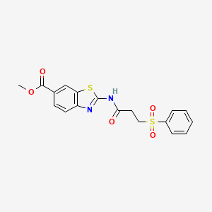 molecular formula C18H16N2O5S2 B2780911 Methyl 2-[3-(benzenesulfonyl)propanoylamino]-1,3-benzothiazole-6-carboxylate CAS No. 892855-84-4