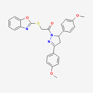 molecular formula C26H23N3O4S B2780987 2-(1,3-Benzoxazol-2-ylsulfanyl)-1-[3,5-bis(4-methoxyphenyl)-3,4-dihydropyrazol-2-yl]ethanone CAS No. 403837-61-6