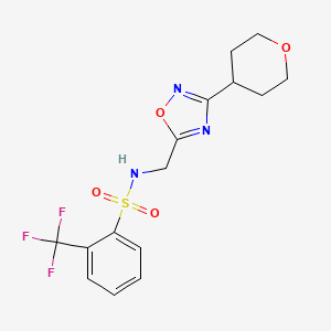 molecular formula C15H16F3N3O4S B2781030 N-((3-(tetrahydro-2H-pyran-4-yl)-1,2,4-oxadiazol-5-yl)methyl)-2-(trifluoromethyl)benzenesulfonamide CAS No. 2034518-80-2