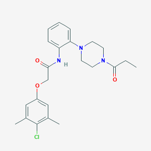 2-(4-chloro-3,5-dimethylphenoxy)-N-[2-(4-propanoylpiperazin-1-yl)phenyl]acetamide
