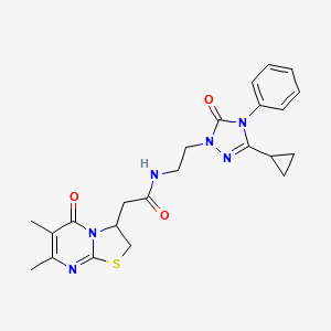 molecular formula C23H26N6O3S B2781099 N-(2-(3-cyclopropyl-5-oxo-4-phenyl-4,5-dihydro-1H-1,2,4-triazol-1-yl)ethyl)-2-(6,7-dimethyl-5-oxo-3,5-dihydro-2H-thiazolo[3,2-a]pyrimidin-3-yl)acetamide CAS No. 1396862-06-8